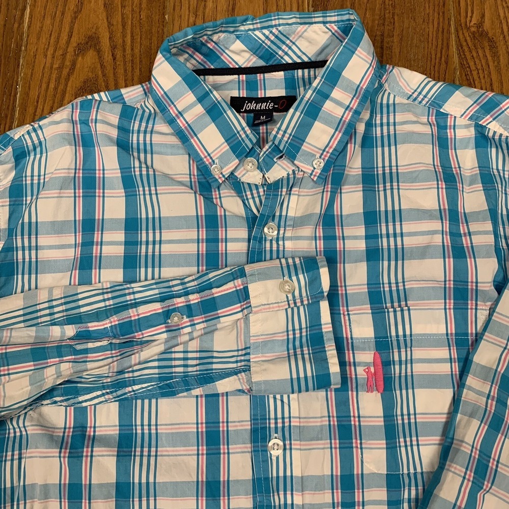 Johnnie O Shirt Men Medium Button Down Long Sleeve Plaid 100% Cotton